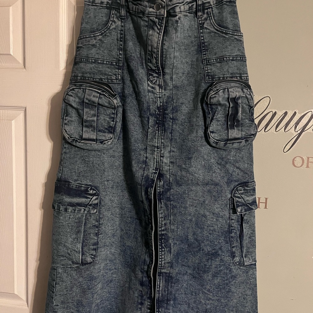 Denim Cargo Maxi Skirt